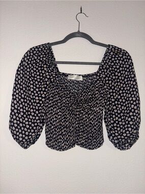 American Threads Black Floral Square-Neck Puff Sleeve Crop Top